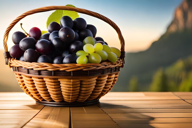 A basket of grapes on a table