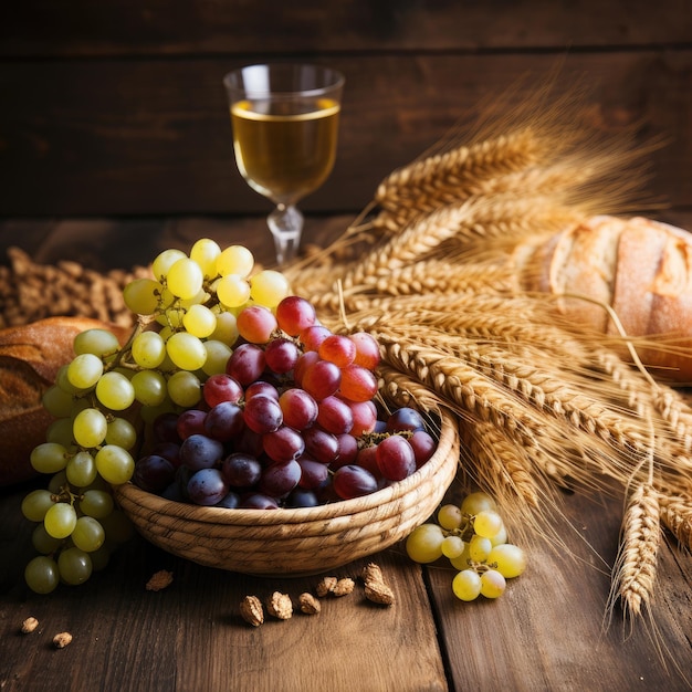 a basket of grapes and wheat on a table