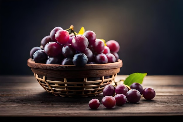 a basket of grapes with a black background.