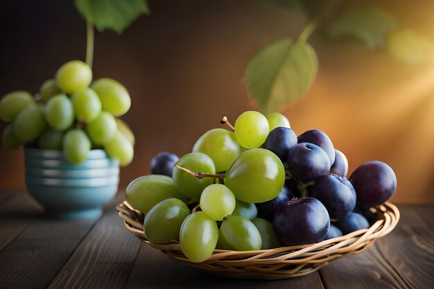 A basket of grapes with a blue background