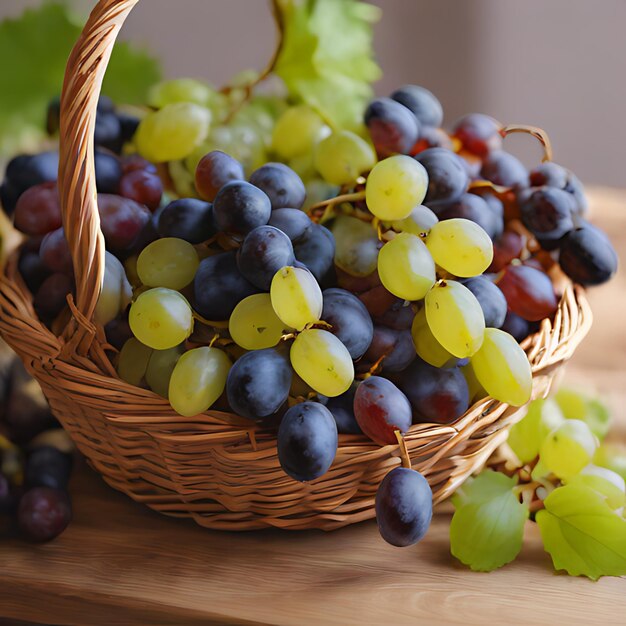 a basket of grapes with grapes on a table