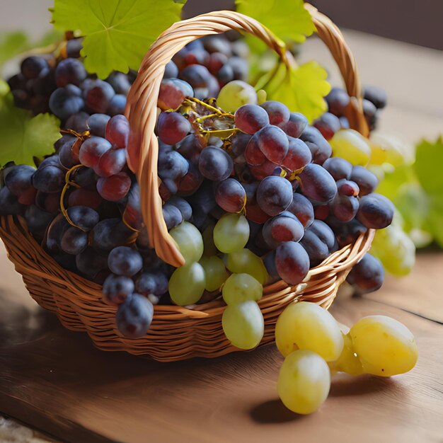 a basket of grapes with a green grapes in it
