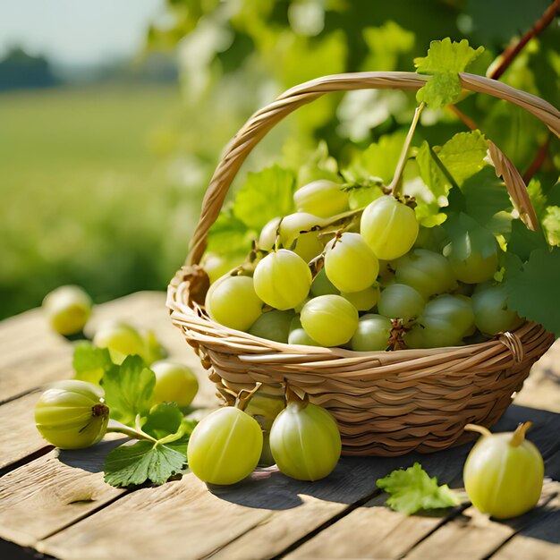 a basket of grapes with a green leaf and a field in the background