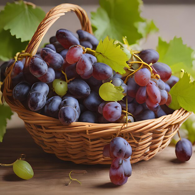 a basket of grapes with a green leaf that saysgrapeson it