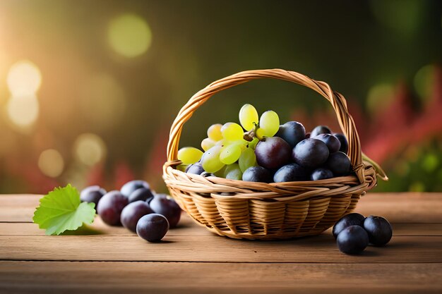 A basket of grapes with green leaves on a table