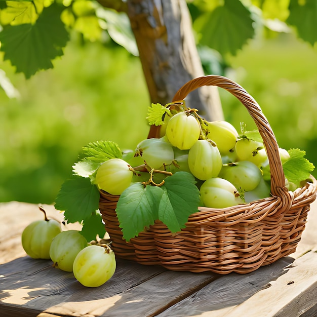 a basket of grapes with a green vine in the background