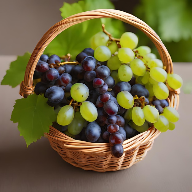 a basket of grapes with leaves and grapes in it