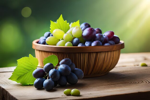 a basket of grapes with leaves and leaves on a table.