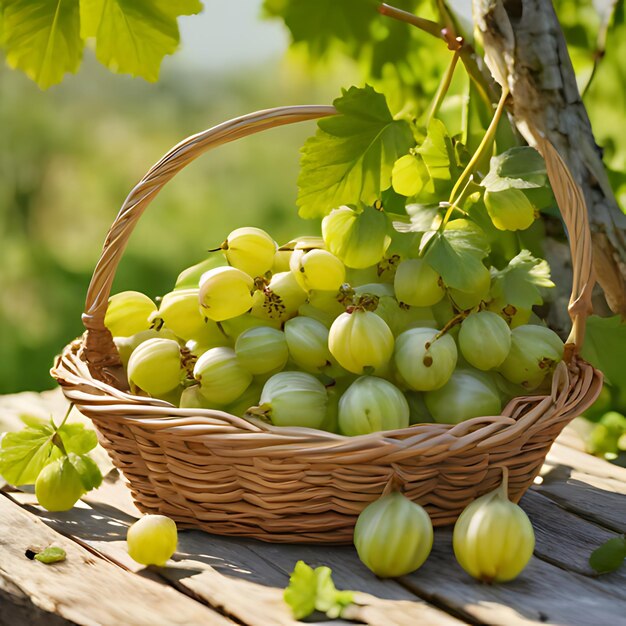 a basket of grapes with leaves that are on a table