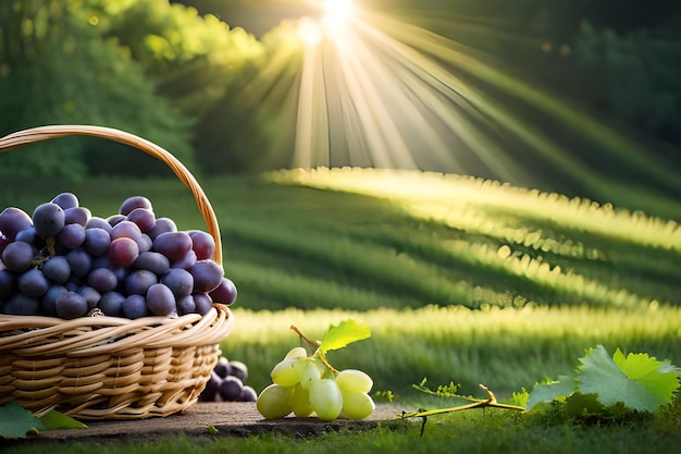 a basket of grapes with the sun behind them