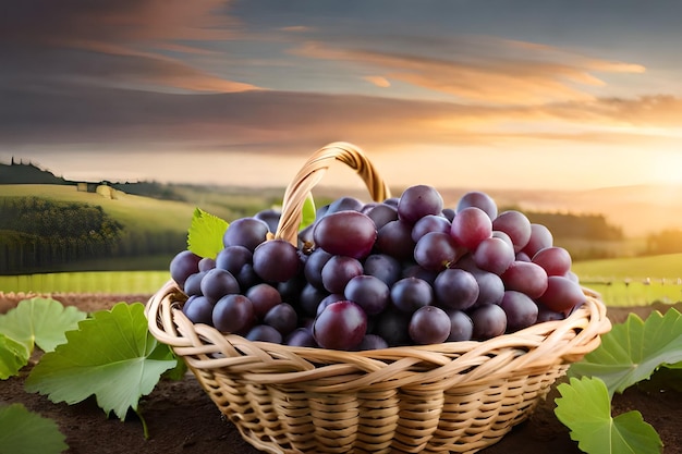 a basket of grapes with a sunset in the background