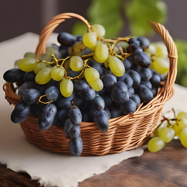 a basket of grapes with a wicker basket on a table