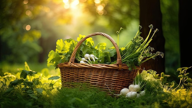 the basket in the grass shows a variety of vegetables in the style of sunrays shine upon it