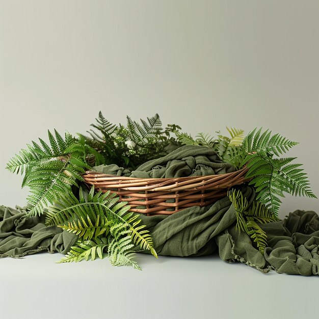 Photo a basket of green leaves with a palm leaf on it