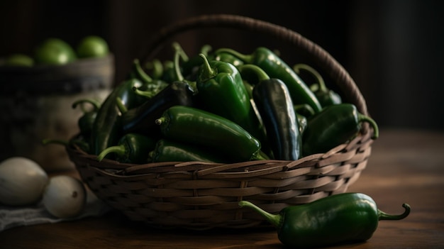 A basket of green peppers sits on a table.