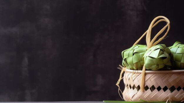 A basket of green rice with a green leaf on it