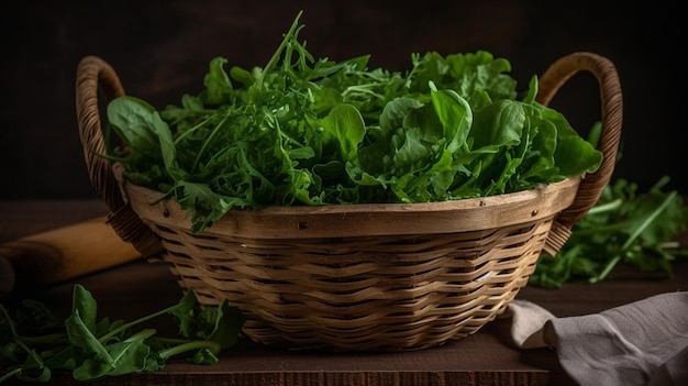 A basket of greens sits on a table.