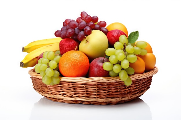 Foto cesto di frutti sani su sfondo bianco isolato