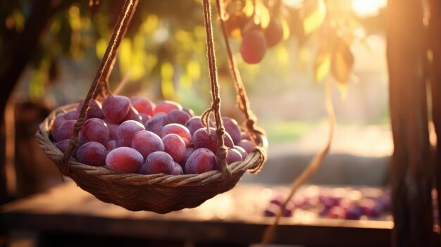 Basket of juicy plums on a wooden swing