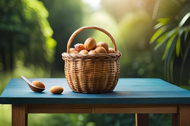 A basket of kiwis sits on a table in the garden.