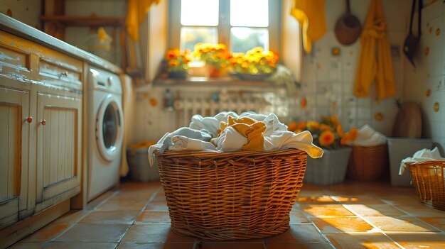 Basket of Laundry Supplies in a Sunlit Kitchen