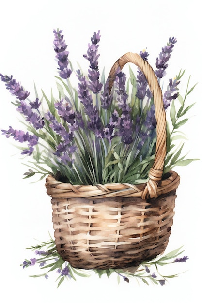 A basket of lavender is shown with a purple flower in the center.