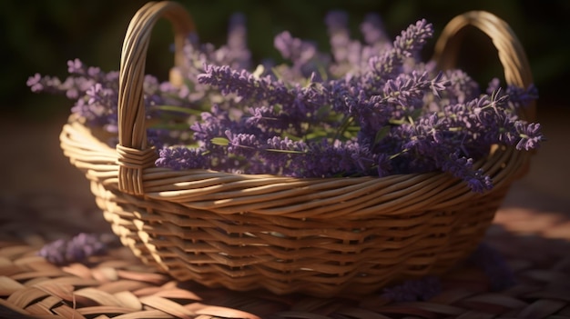 A basket of lavender sits on a table.