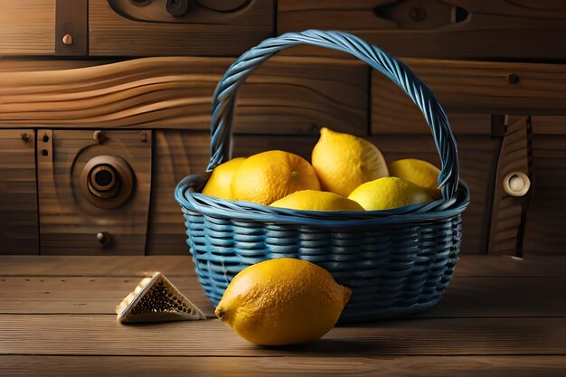 A basket of lemons and a keychain on a wooden background