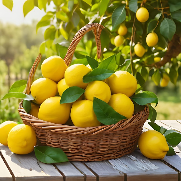 a basket of lemons and leaves with a tree in the background