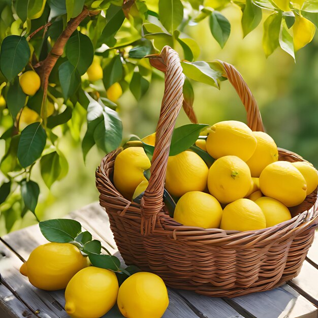 a basket of lemons and a lemon on a table