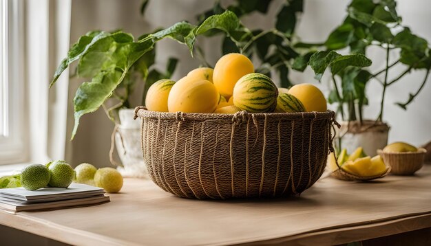 a basket of lemons and lemons are on a table