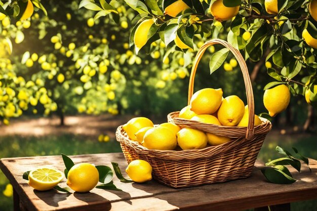 a basket of lemons and lemons on a table