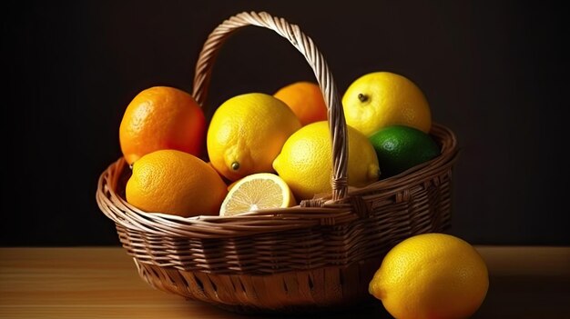 A basket of lemons and limes sits on a table.