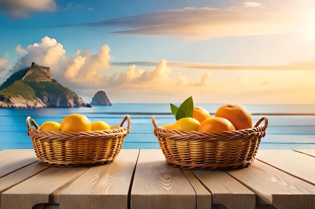 Basket of lemons and oranges on a wooden table