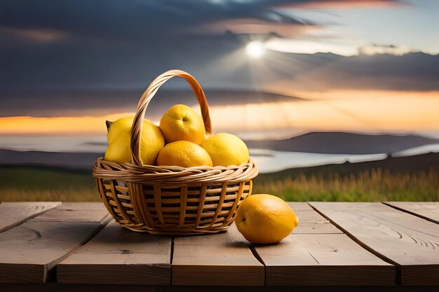 Basket of lemons and a sunset on a table