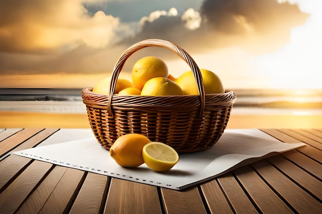 Basket of lemons on a table with a sunset in the background