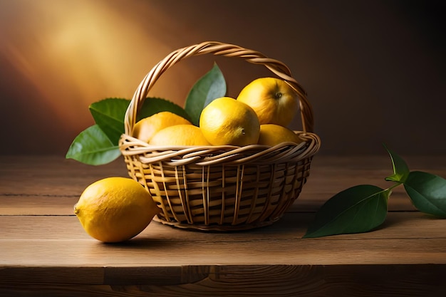 A basket of lemons on a table with a yellow leaf on the table