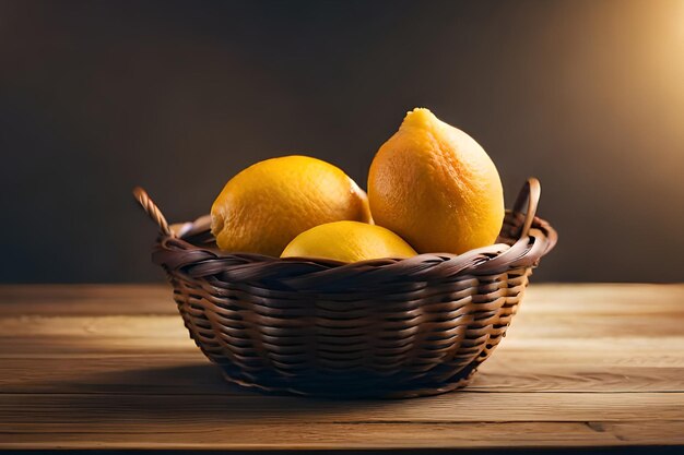 A basket of lemons on a wooden table