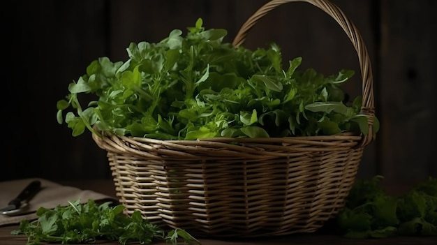 A basket of lettuce sits on a table.