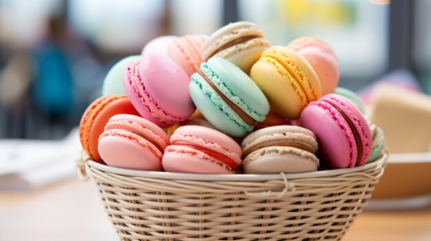 Photo a basket of macarons sitting on a table