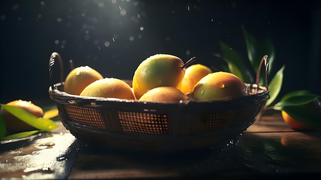 A basket of mangoes sits on a table.