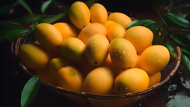 A basket of mangoes with the word mango on it