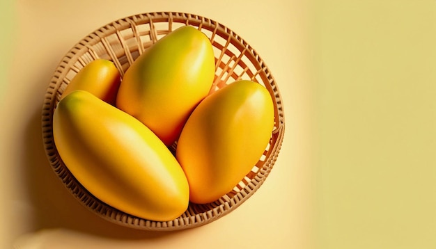 A basket of mangoes on a yellow background