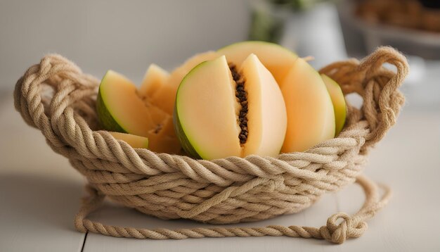 a basket of melon slices with a rope around it