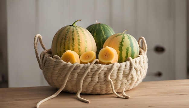 a basket of melons and melons with a rope tied around the edge of the basket