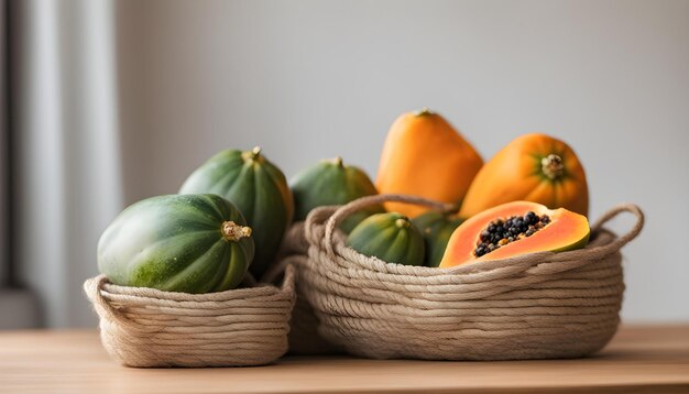 a basket of melons and melons with a white background