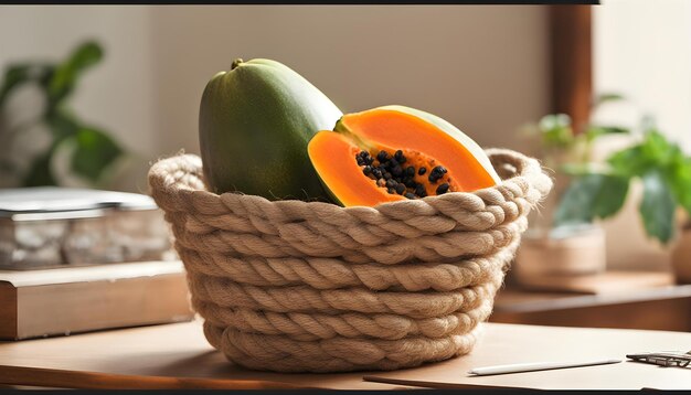 a basket of melons and papaya on a table