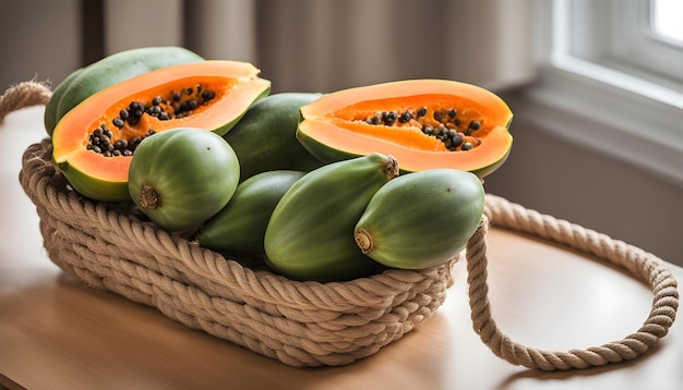 a basket of melons with a bunch of seeds on it