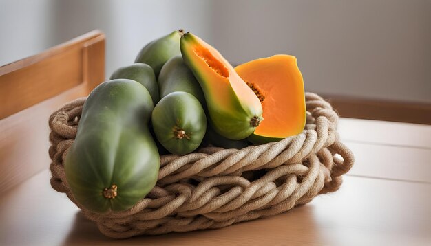 a basket of melons with a cut in half and a half of it