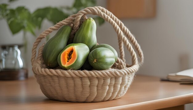 Photo a basket of melons with a green top and a yellow section of the top